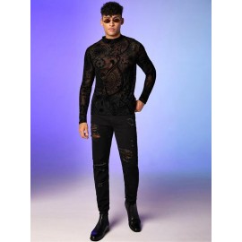 Men Floral & Plants Print Mock Neck Sheer Tee